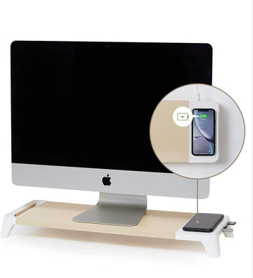 POUT Eyes 6 White Wood Desk Monitor Computer Stand Riser Shelf + Qi Fast Wireless Charging Charger Pad Mat for Laptop